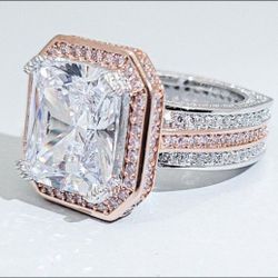 SPARKLING 6 CARAT PRINCESS "RADIANT CUT" DIAMOND CZ SET IN A TWO-TONE 14K WHITE & "PINK" GOLD PLATING FUSED OVER .925 SILVER ENGAGEMENT WEDDING RING