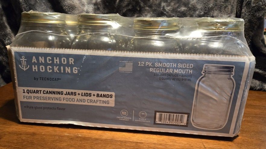 Anchor Hocking BPA-Free Regular Mouth 1 Quart Canning Jars. 12 count