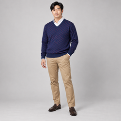 Pavini Men’s Large Navy Burgundy Monogram V-Neck Knit Sweater