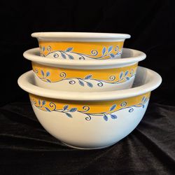 Vintage Set Of Corelle Casa Flora Stoneware Mixing Bowls