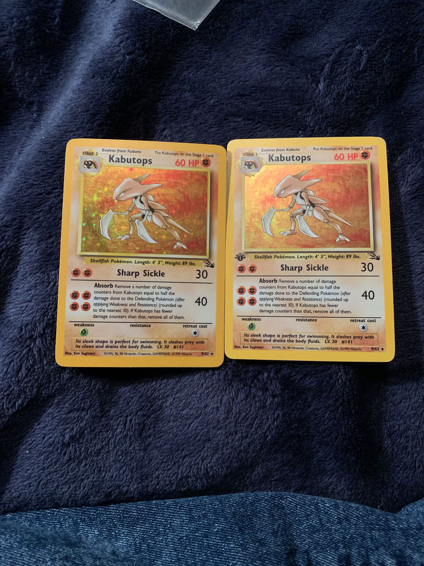 1999 2 of them Kabutops Fossil 6 and 9of 62 Excellent Condition Pokemon Card