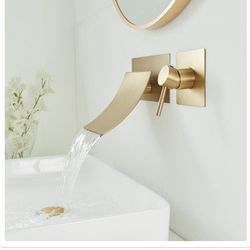 Luxury Waterfall Wall Mount Bathroom Faucet In Brushed Gold Single Handle