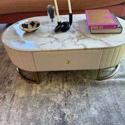 Epaule 47.6" Modern Oval Faux Marble Top Coffee Table With 2 Drawers Gold Metal Base
