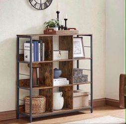 Bookshelf, Bookcase, 9 Cubes Storage Organizer, Industrial Open Display Shelf...Metal Frame, Rustic Brown and Black