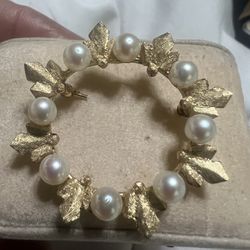 14k Solid Yellow Gold / Pearls  Handmade Vintage  Brooch Pint