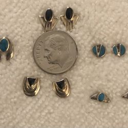 5 Small Sterling Silver Pairs Of Pierced Earrings-Turquoise-Black Onyx-I Don’t Clean My Silver-As Is-Posts May Be Bent But All Functional  