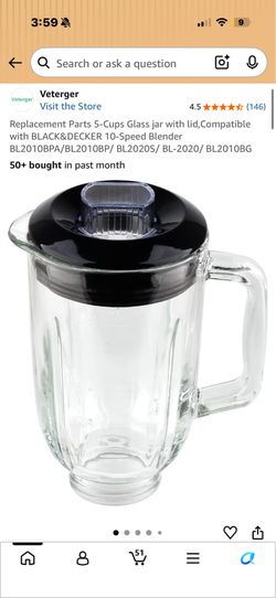 Replacement Parts 5-Cups Glass jar with lid,Compatible with BLACK&DECKER 10-Speed Blender BL2010BPA/BL2010BP/ BL2020S/ BL-2020/ BL2010BG