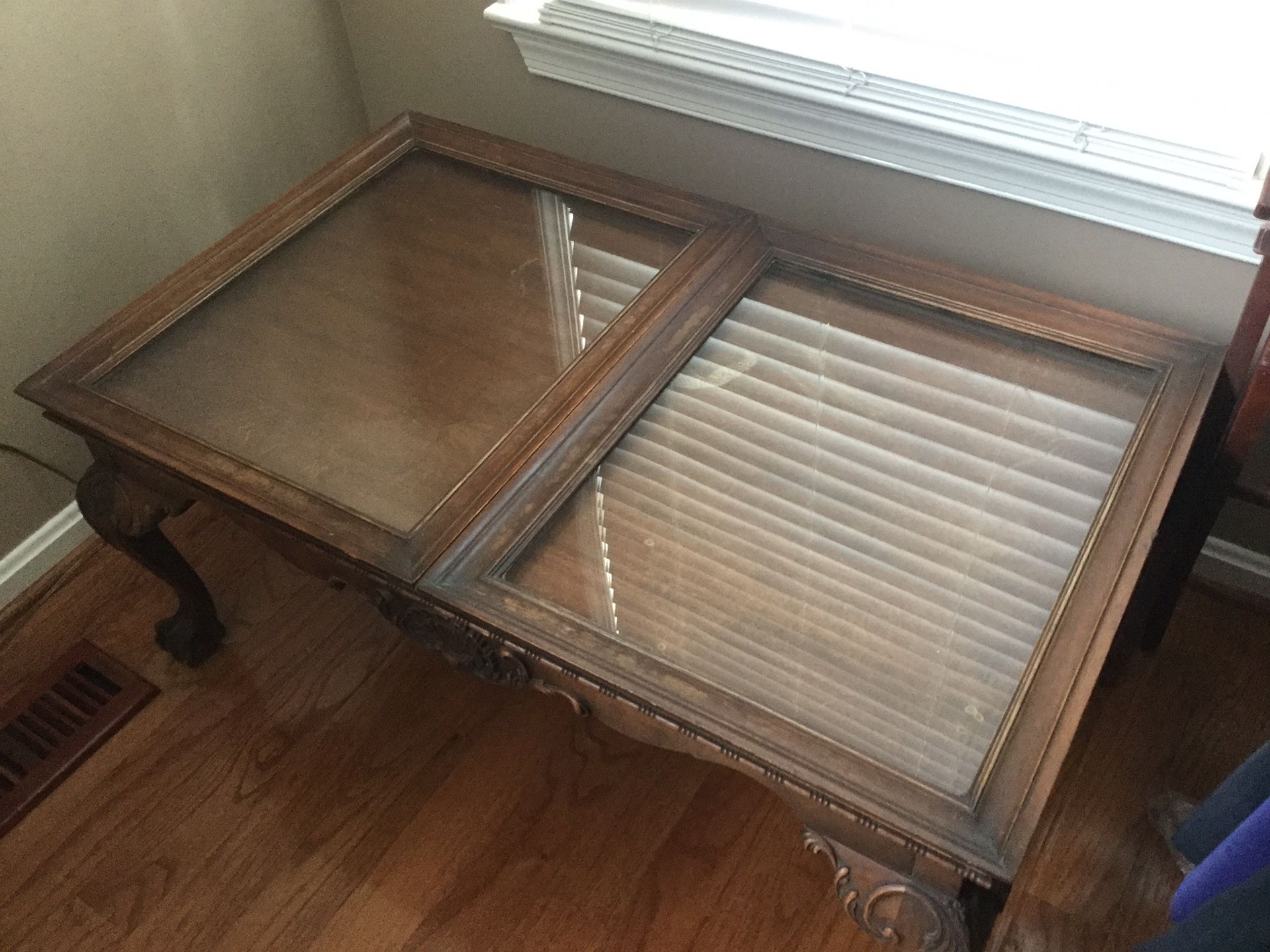 Antique Oak coffee table w 2 glass panels for shallow shadow box