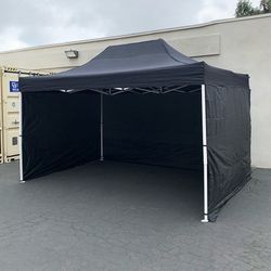 (NEW) $180 Heavy-Duty 10x15 ft with (3 Sidewalls) EZ Popup Canopy Outdoor Gazebo, Carry Bag (Black, White)