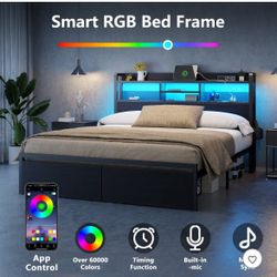 Queen Size Grey Metal Bed Frame With Led Lights Charging Station With Storage 