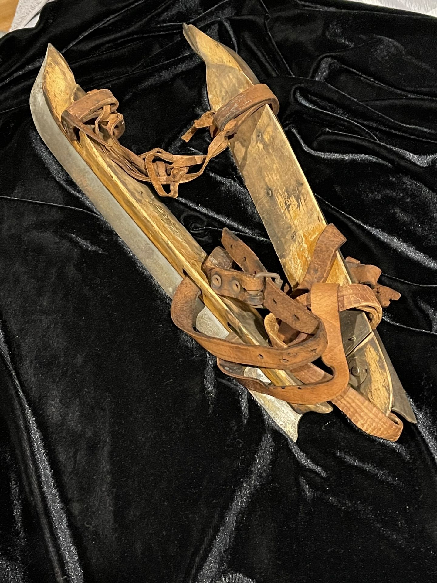 Antique Vintage Primitive Handmade Art Carved Wooden Ice Skates Leather Straps