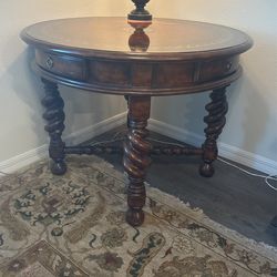 Round Mahogany Table with Ornate Inlay And Glass Top