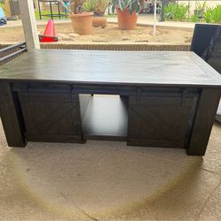Rustic Farmhouse Coffee Table with Sliding Barn Doors & Storage