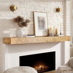 60x8x3 Fireplace Mantel - Handcrafted Hollow Rustic Solid Wood Wall Mounted Floating Shelf with Invisible Heavy Duty Wood Bracket (Natural Wood)