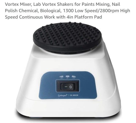 Vortex Mixer, Lab Vortex Shakers for Paints Mixing, Nail
Polish Chemical, Biological, 1300 Low Speed/2800rpm High
Speed Continuous Work with 4in Platf