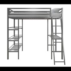 Twin Metal Loft Bed with Desk, Office Chair and Shelves 
