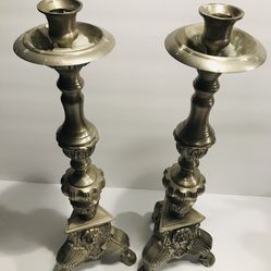 Vintage Pewter Metal Large Victorian Ornate Pair of Candlestick Holders 17”