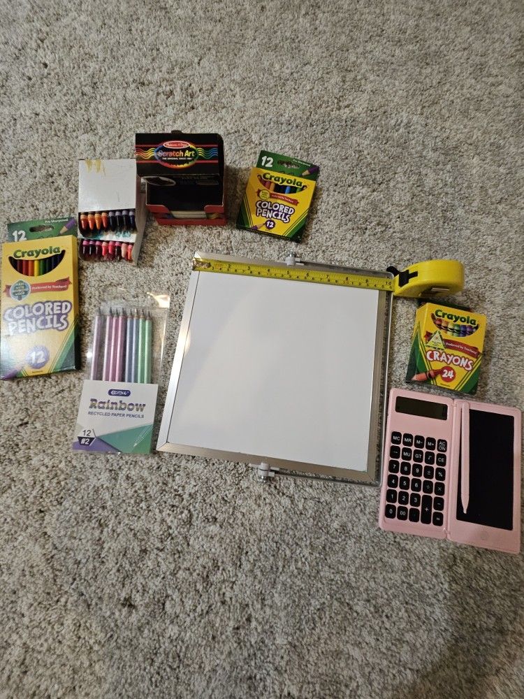 Art/School supplies, Calculator, Colored Pencils, Crayola Crayons, Double sided White board