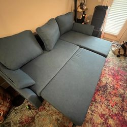 Blue Sleeper Sofa w/ Storage and Pull Out Bed