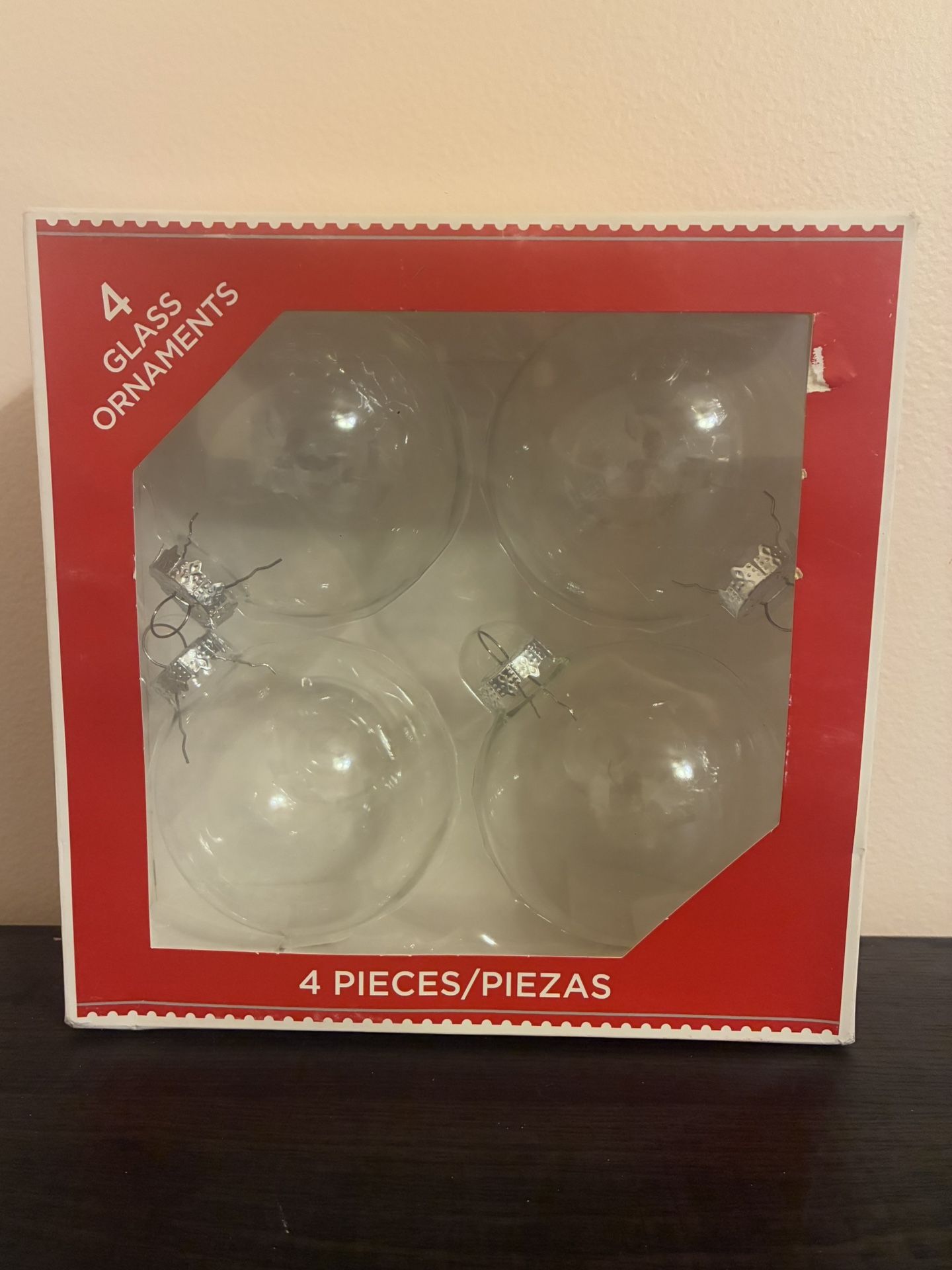 New Fillable Crafting Glass Clear Christmas Tree Ornaments 4 Pack Holiday Time