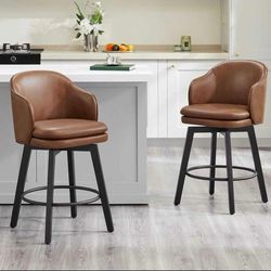 Set of 2 Counter Height Barstools 26 inch Upholstered Swivel Bar Stools with Back and Wood Legs for