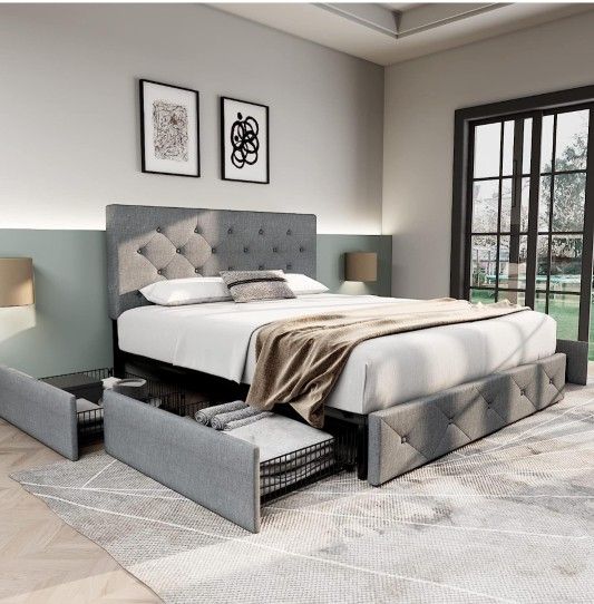 NEW OPEN BOX Art of Living/Allewie FULL Diamond Stitched Button Tufted Platform Bed Frame W/ 4 Storage Drawers & Upholstered headboard LIGHT GREY