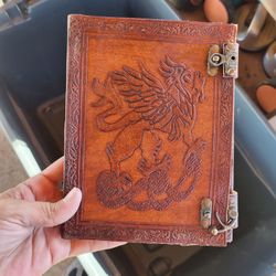 Handmade Leather Journal – Dragon & Griffin Design – Vintage Look