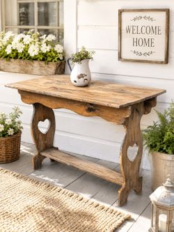 Vintage Primitive Rustic Small Heart Cut Out Farmhouse Small Country Cottage Table - Top slightly warped