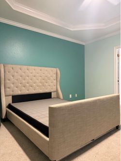 ✨ Sleigh Bed Frame – Tufted Headboard – Beige (Queen) ✨