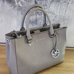 Michael Kors Medium Gray Saffiano Leather Satchel Purse with Silver-Tone Hardware and MK Charm

