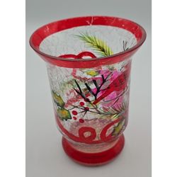 Christmas Holly/Bird Hurricane Candle Holder - Crackle Glass, Hand Painted