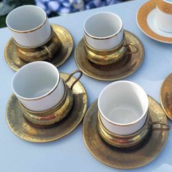 4 Tea Cup Set Brass And Glass