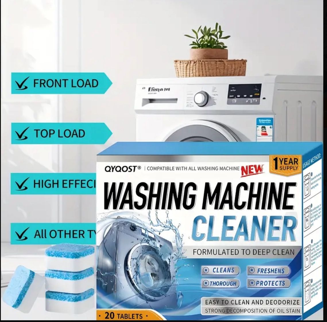 Washing Machine Cleaner Descaler 24 Pack - Deep Cleaning Tablets For HE Front
