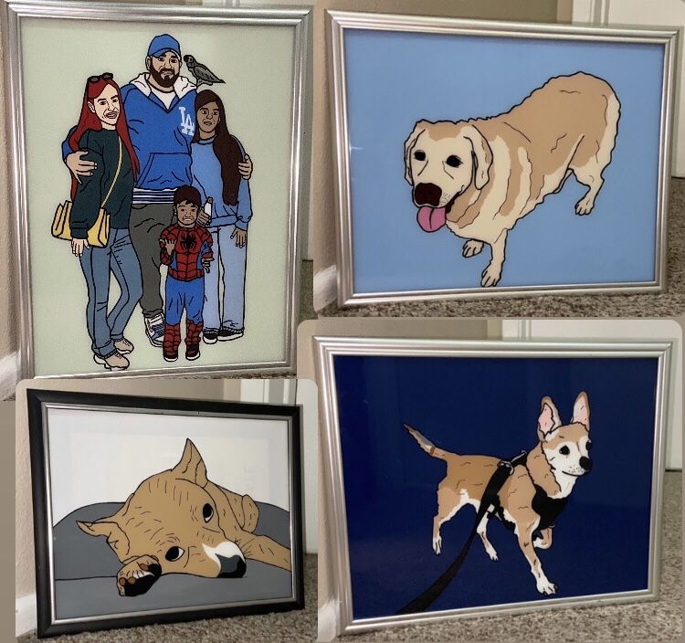 Glass Paintings Family, Friends, Pets, Anime & Cartoon Portraits Available LOCATED IN COVINA