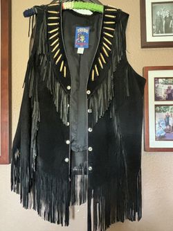 Item#30 Suede Leather Fringe Vest W/snaps & Bone Decor