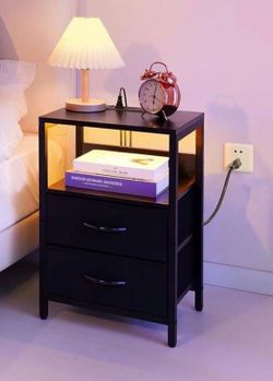 Night Stand Charger Station & LED Lights 2 Drawer Nightstand Bed Side Table Open