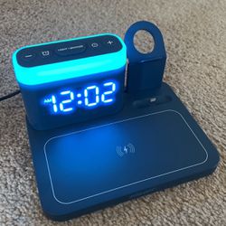 Wireless Charging Station Alarm Clock with 7 Multiple Colors Light - 5 in 1 Wireless Charger, for iPhone 15 14 13 12 11 Pro Max,Apple Watch,AirPods