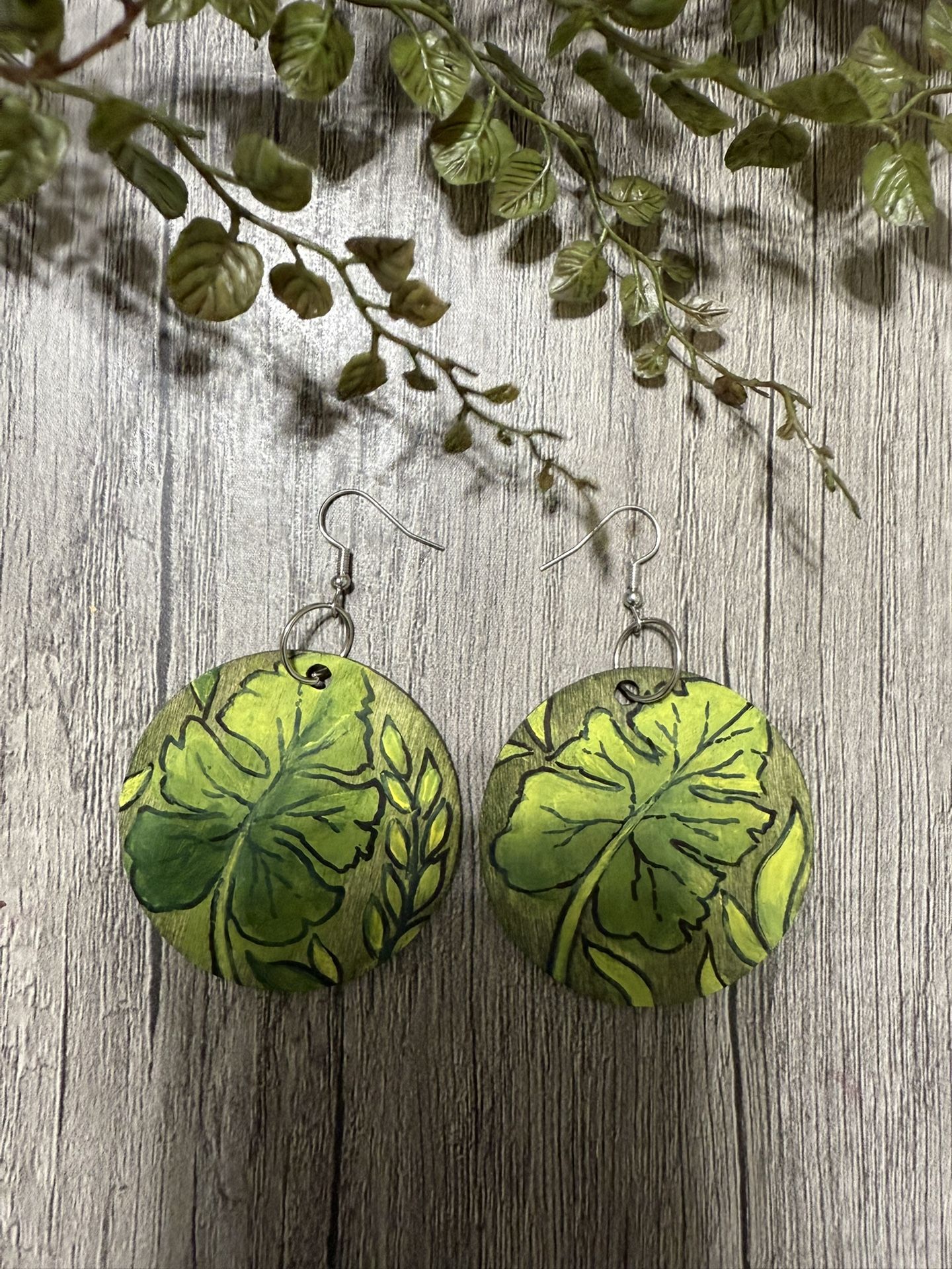 Hand-Painted Wood Dangle Earrings: Brat Green Leaves, Boho Style