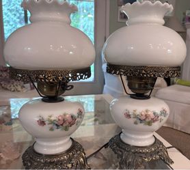 Vintage milk glass hurricane lamps in perfect condition.