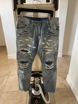 Balmain Men's Slim Distressed Moto Biker Jeans Size 32