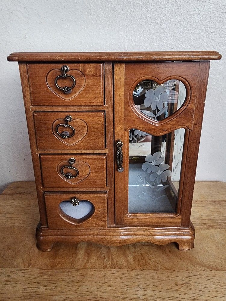 Vtg Solid Wooden Mini Armoire Musical Mirrored Jewelry Box w/ Necklace Carousel