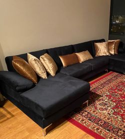 Large Velvet Fabric Sectional Sofa Couch with Extra Wide Chaise Lounge with Silver Legs, U Shaped, Black