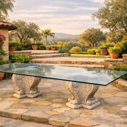Custom-Made High-End Glass Table With Sculptured Base