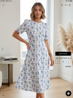 SHEIN White Midi Dress with Blue Floral Print and Puff Sleeves