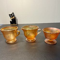 Federal Glass Vintage 1940s Normandie Lattice & Bouquet Marigold Iridescent Footed Dessert/Sherbet/Jam, Sugar & Creamer Bowls