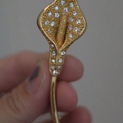 Vintage Signed NAPIER Flower Calla Lily Gold Tone Brooch Long Pin