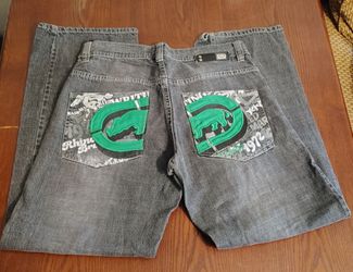 Ecko Unltd. Men's Washed Black Denim Jeans Baggy Button Logo 5-Pocket 32