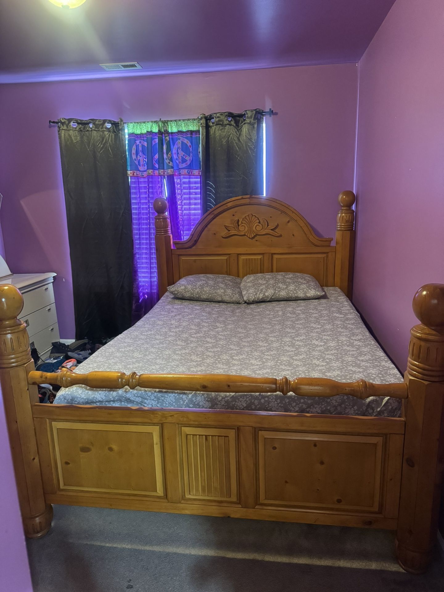 Solid Wood Queen Bed Frame, Mattress And Box Springs