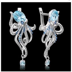 Octopus Blue topaz earrings 925 sterling silver dongle enamel english lock   Elevate your jewelry collection with these exquisite Octopus Blue Topaz E