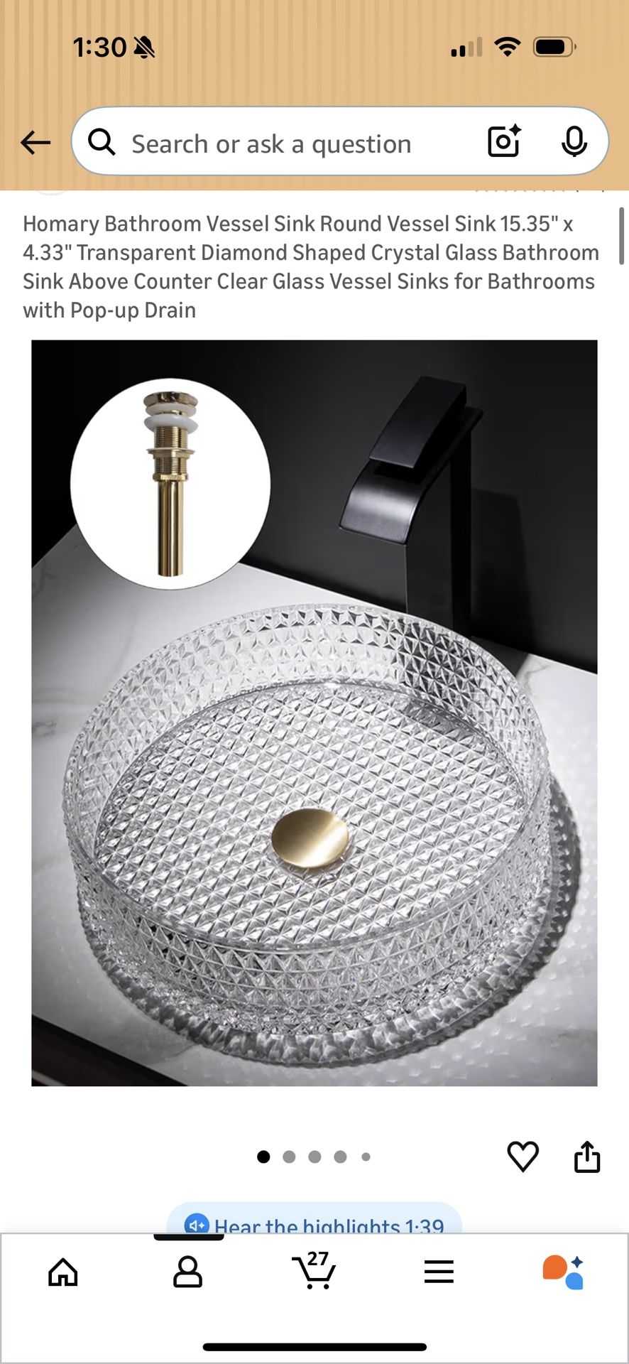 Homary Bathroom Vessel Sink Round Vessel Sink 15.35" x 4.33" Transparent Diamond Shaped Crystal Glass Bathroom Sink Above Counter Clear Glass Vessel S